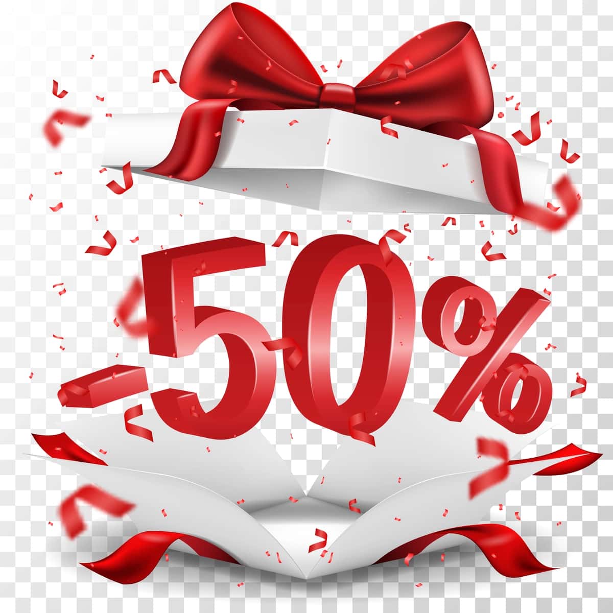 Ochiq sovg'a qutisi qizil kamonli oq sotuvda 50 chegirmali vektor tasviri | Open gift box with red bow isolated white sale 50 off vector illustration 1
