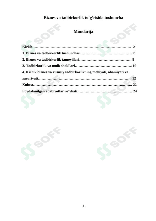 Biznes va tadbirkorlik toʻgʻrisida tushuncha. kurs ishi 1