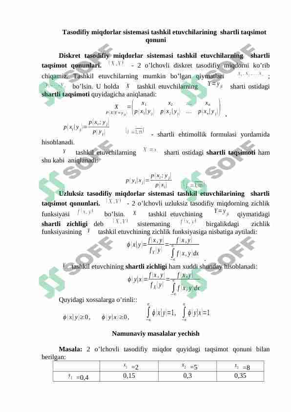 Tasodifiy miqdorlar sistemasi tashkil etuvchilarining  shartli taqsimot qonuni 1
