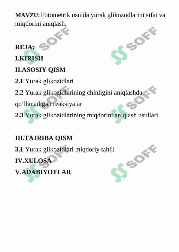 Fotometrik usulda yurak glikozodlarini sifat va miqdorini aniqlash 1
