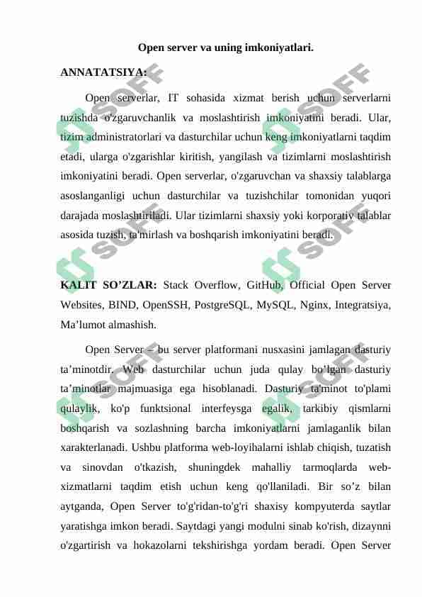Open server va uning imkoniyatlari. 1