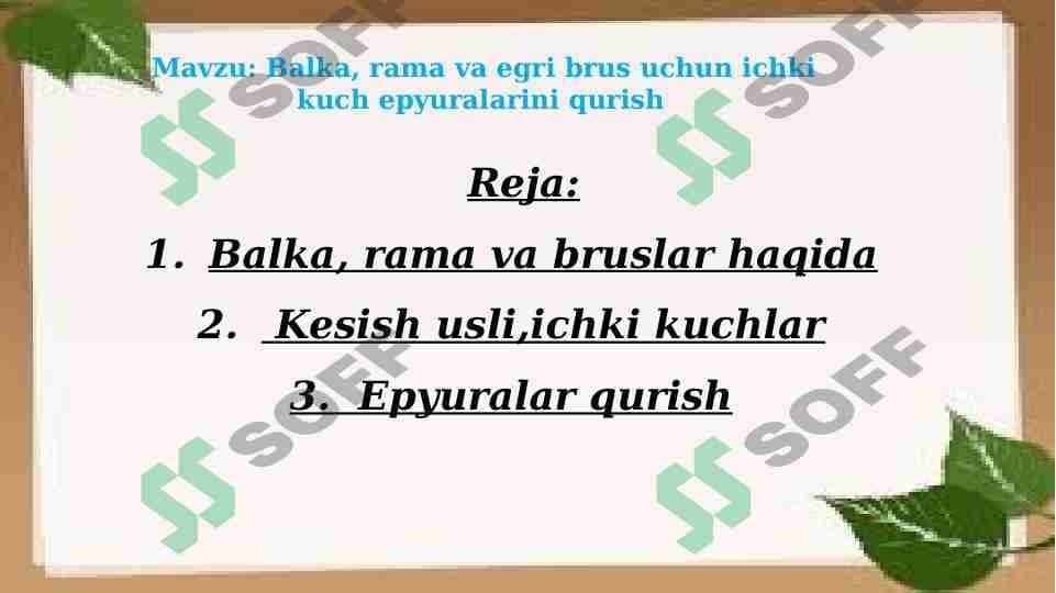 Balka, rama va egri brus uchun ichki kuch epyuralarini qurish 1