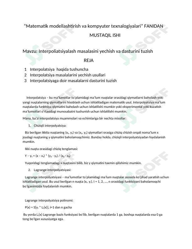 Interpoliatsiyalash masalasini yechish va dasturini tuzish 1