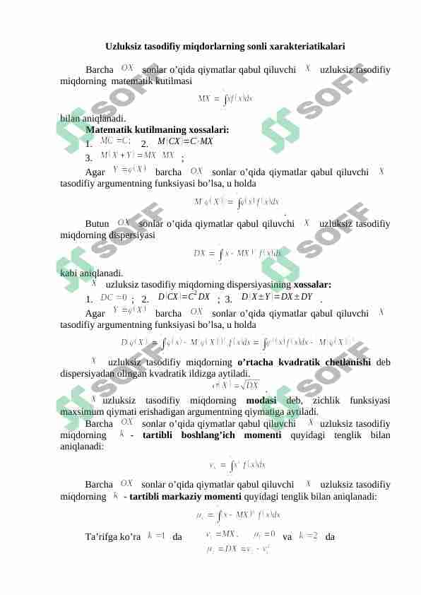 Uzluksiz tasodifiy miqdorlarning sonli xarakteriatikalari 1