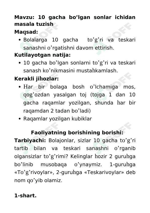 Mashg'ulot ishlanma: 10gacha bo'lgan sonlar ichidan masala tuzish 1