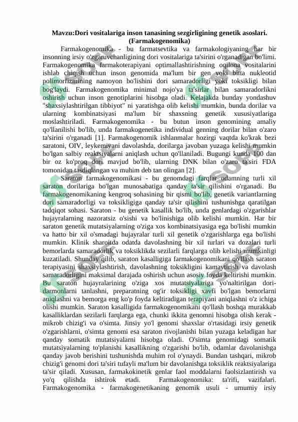Dori vositalariga inson tanasining sezgirligining genetik asoslari.(Farmakogenomika) 1