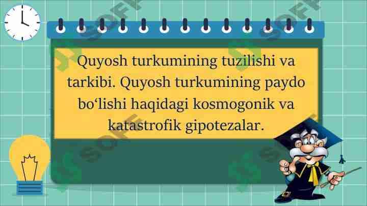 Quyosh turkumining tuzilishi va tarkibi. Quyosh turkumining paydo bo'lishi haqidagi kosmogonik va katastrofik gipotezalar. 1