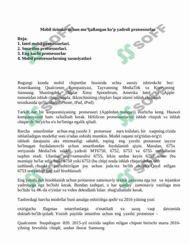 Mobil tizimlar uchun mo’ljallangan ko’p yadroli protsessorlar. mustaqil ish. 1