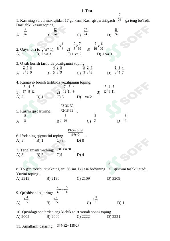 Matematika fanidan testlar 1