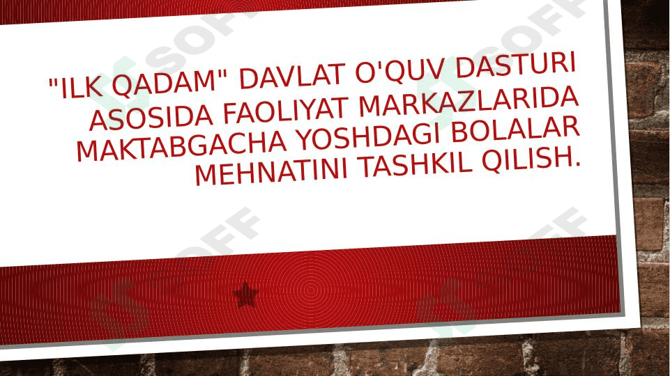 "Ilk qadam" davlat o'quv dasturi asosida faoliyat markazlarida maktabgacha yoshdagi bolalar mehnatini tashkil qilish. 1