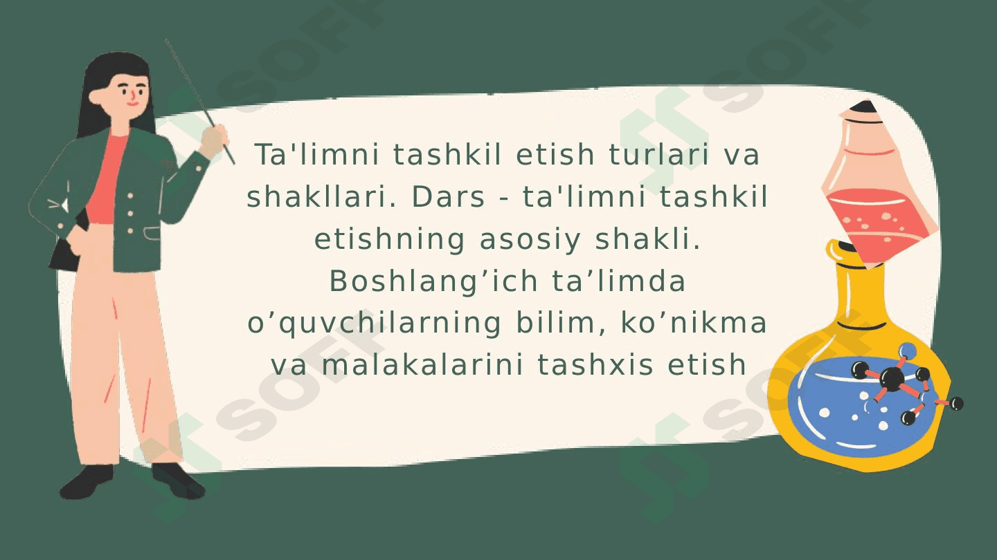 Ta'limni tashkil etish turlari va shakllari. Dars - ta'limni tashkil etishning asosiy shakli. Boshlang’ich ta’limda o’quvchilarning bilim, ko’nikma va malakalarini tashxis etish 1