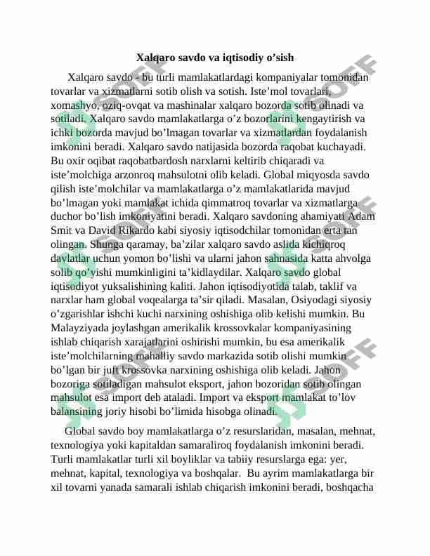 Xalqaro savdo va iqtisodiy o’sish 1