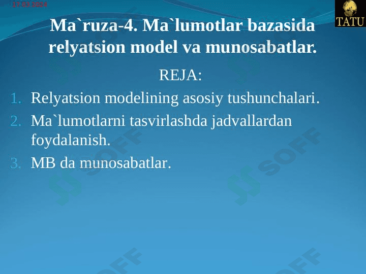 Ma‘lumotlar bazasida relyatsion model va munosabatlar. 1