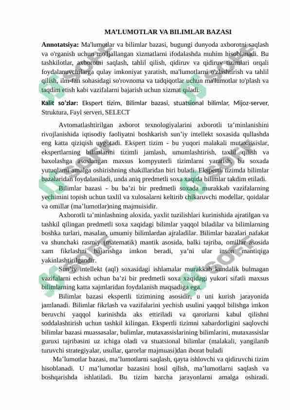 MA’LUMOTLAR VA BILIMLAR BAZASI 1