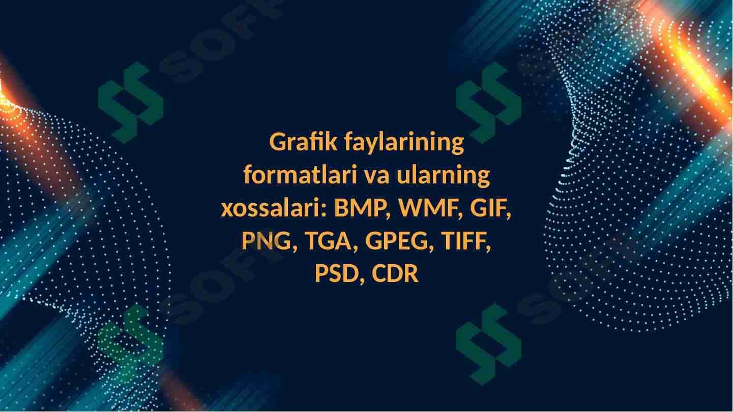 Grafik faylarining formatlari va ularning xossalari: BMP, WMF, GIF, PNG, TGA, GPEG, TIFF, PSD, CDR 1