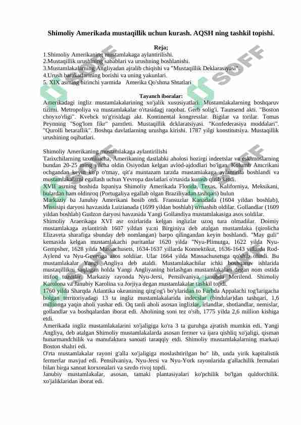 Shimoliy Amerikada mustaqillik uchun kurash. AQSH ning tashkil topishi 1