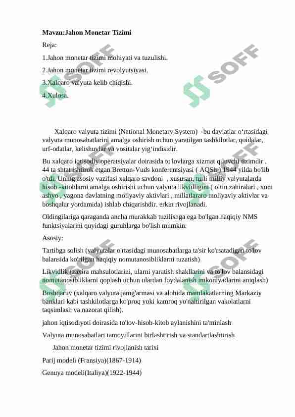 Jahon Monetar Tizimi 1