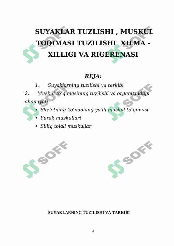 SUYAKLAR TUZLISHI , MUSKUL TOQIMASI TUZILISHI  XILMA - XILLIGI VA RIGERENASI 1