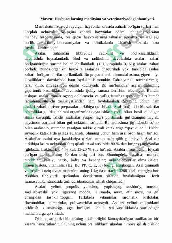hasharotlarning meditsina va veterinariyadagi ahamiyati 1