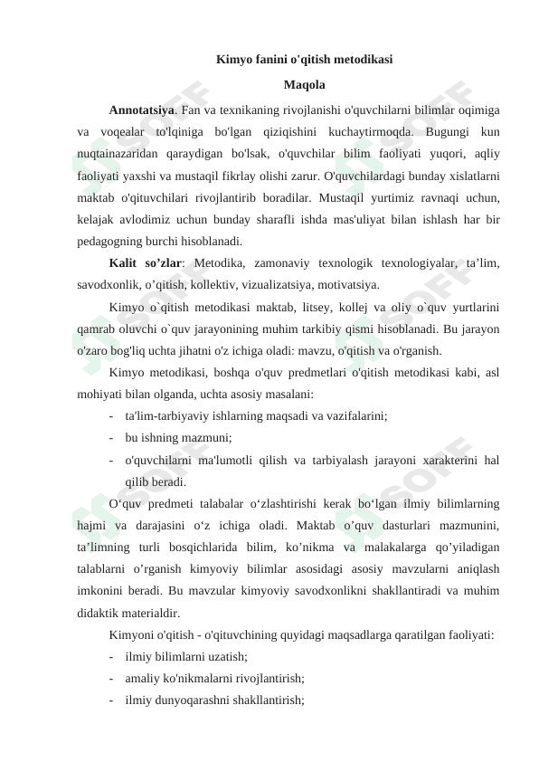 Kimyo fanini o'qitish metodikasi 1