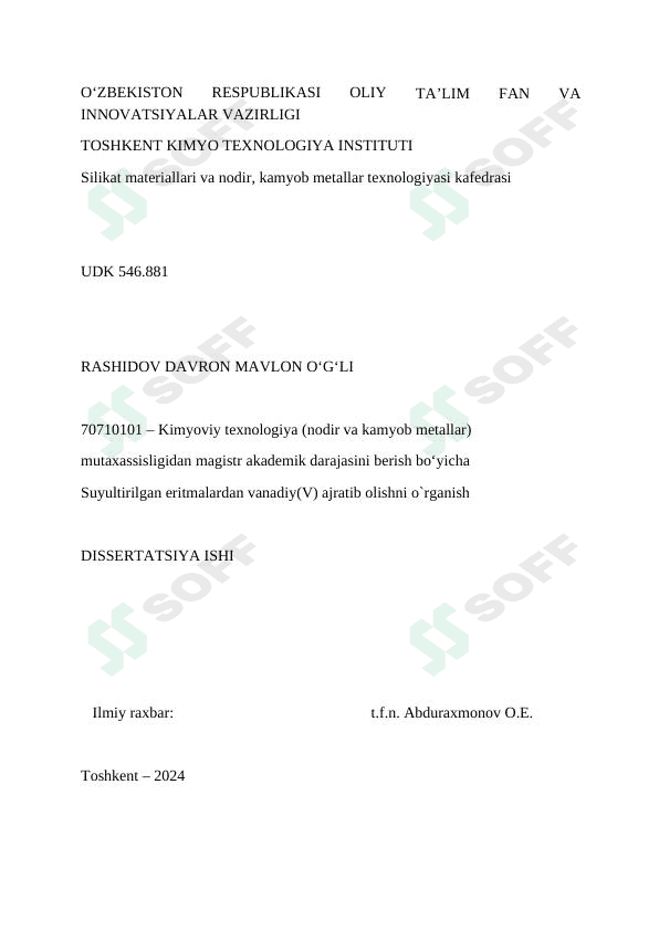 Suyultirilgan eritmalardan vanadiy ajratib olish mavzusidagi adabiyotlar sharhi 1
