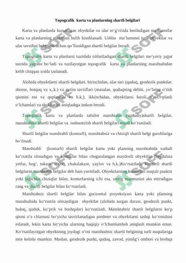 Topografik  karta va planlarning shartli belgilari 1