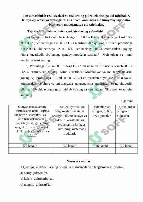 Ion almashish reaksiyalari va tuzlarning gidrolizlanishiga oid tajribalar 1