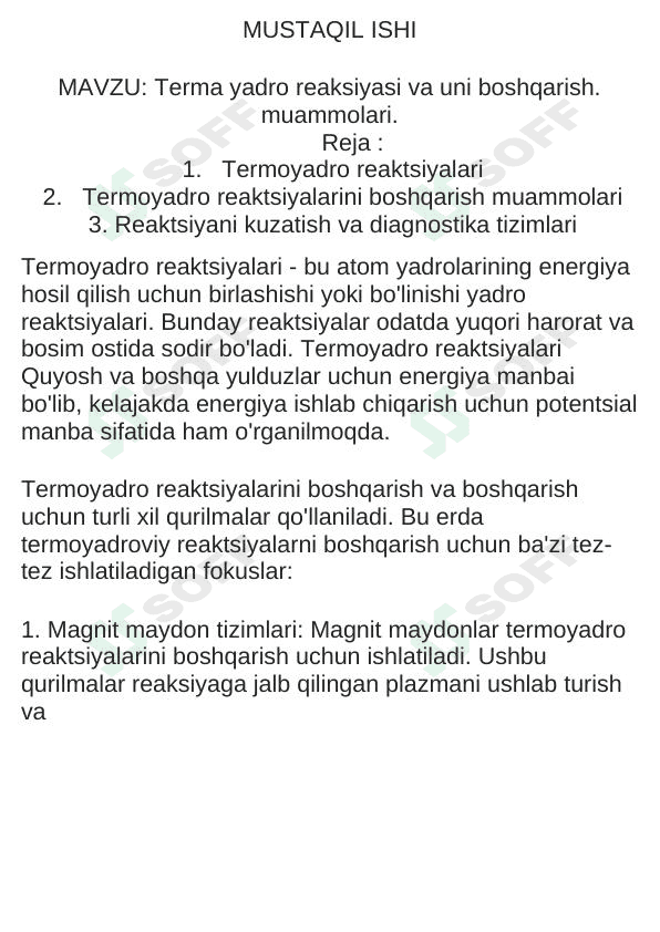 Terma yadro reaksiyasi va uni boshqarish.  muammolari. 1