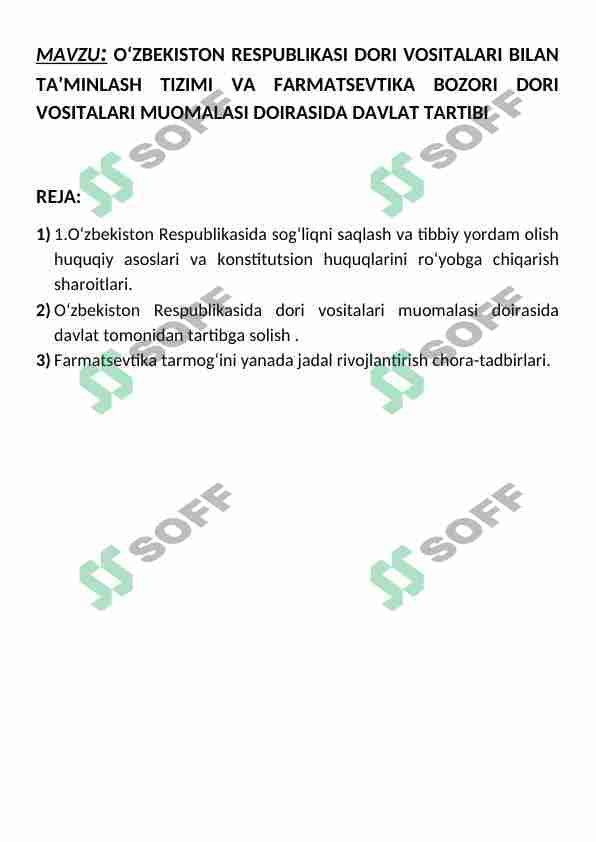 O‘ZBEKISTON RESPUBLIKASI DORI VOSITALARI BILAN TA’MINLASH TIZIMI VA FARMATSEVTIKA BOZORI DORI VOSITALARI MUOMALASI DOIRASIDA DAVLAT TARTIBI 1