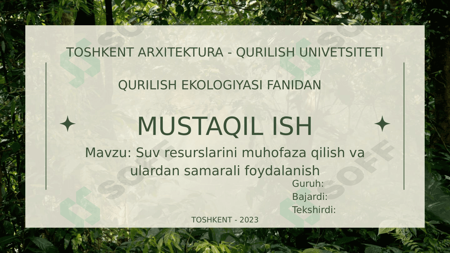 Suv resurslarini muhofaza qilish va ulardan samarali foydalanish 1