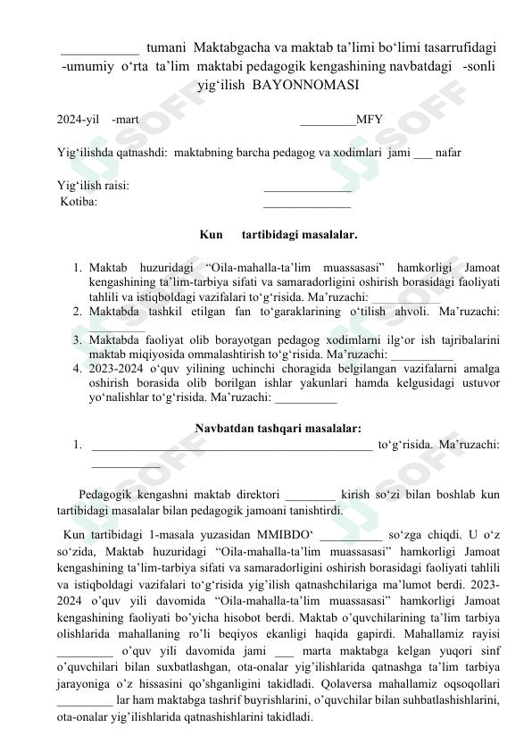 4 sonli Pedagogik kengash bayonnomasi blankasi 2023-2024. 1