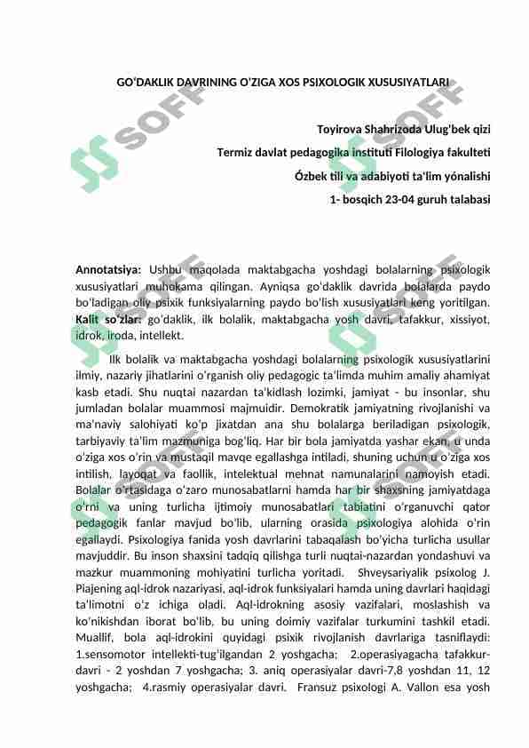 GO‘DAKLIK DAVRINING O'ZIGA XOS PSIXOLOGIK XUSUSIYATLARI 1