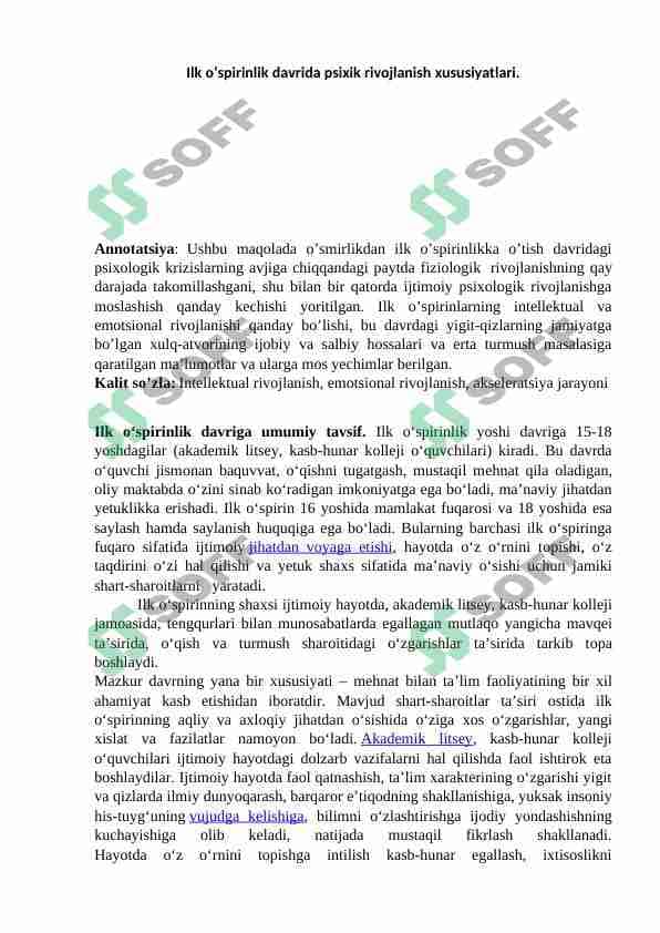 Ilk o‘spirinlik davrida psixik rivojlanish xususiyatlari. 1