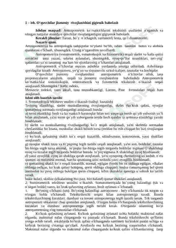 FIZIOLOGIYASI VA GIGIYENASI  FANIDAN AMALIY  MASHGULOTLAR  ISHLANMASI 2