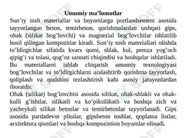 Mineral boG’lovchilar asosida tayyorlangan sun’iy tosh materiallar va buyumlar 2