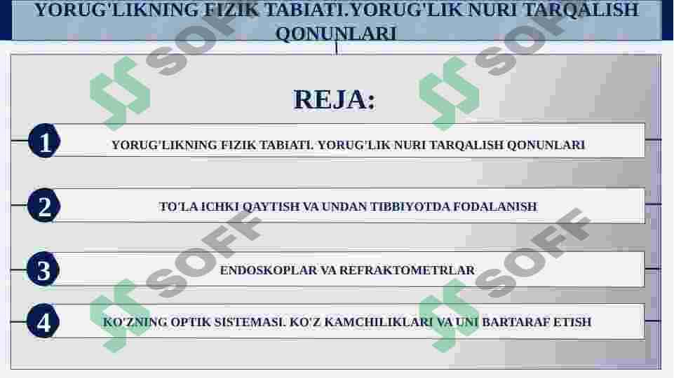 YORUG'LIKNING FIZIK TABIATI.YORUG'LIK NURI TARQALISH QONUNLARI. TO'LA ICHKI QAYTISH VA UNDAN TIBBIYOTDA FODALANISH. TOLALI OPTIKA. ENDOSKOPLAR VA REFRAKTOMETRLAR. KO'ZNING OPTIK SISTEMASI. KO'Z KAMCHILIKLARI VA UNI BARTARAF ETISH. 2