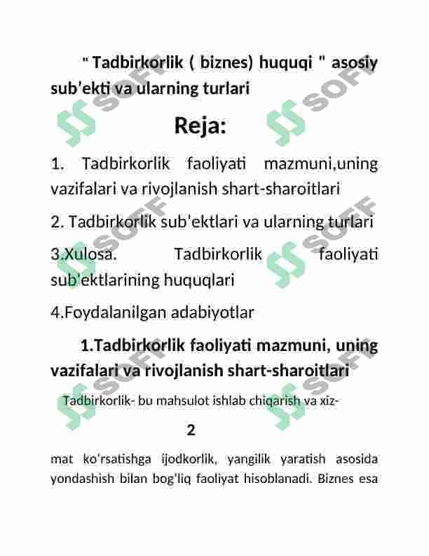 Tadbirkorlik ( biznes) huquqi " asosiy      subʼekti va ularning turlari 2