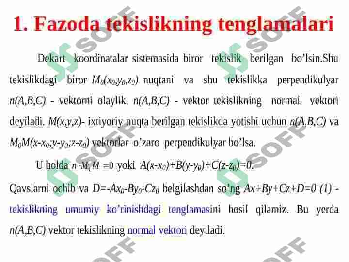 Fazoda tekislikning tenglamasi. Fazoda to'g'ri chiziqning umumiy tenglamasi va uning turli xil ko'rinishlari. 2