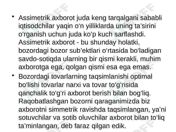 Hozirgi zamon bozor iqtisodiyotida assimetrik axborot muammolari 2