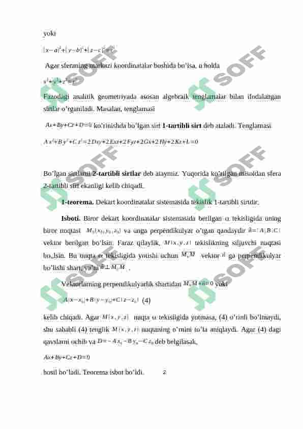 Tekislikning normal  tenglamasi. 2