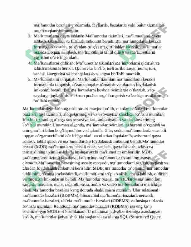 MA’LUMOTLAR BAZASI VA ULARNI BOSHQARISH TIZIMLARI  BILAN ISHLASHNI URGANISH 2
