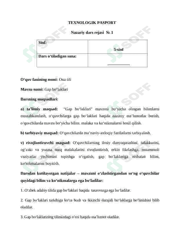 "Darsning texnologik xaritasi" 2