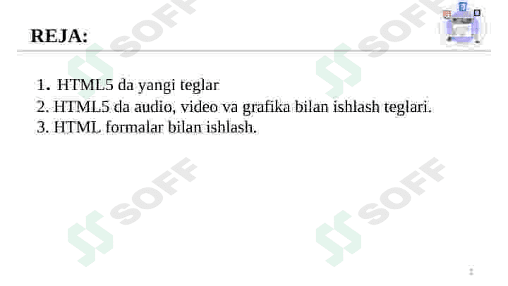 HTML5 da yangi teglar. HTML5 da audio, video va grafika bilan ishlash teglari. 2