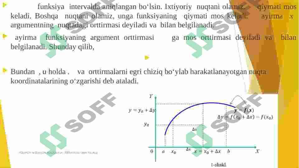 FUNKSIYA UZLUKSIZLIGI. UZILISH NUQTALARI VA ULARNING TURLARIHOSILA TUSHUNCHASI. FUNKSIYA HOSILASINI HISOBLASH. YUQORI TARTIBLI HOSILA. 2