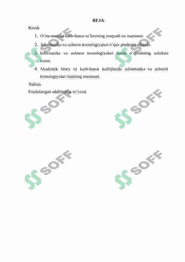 AKADEMIK LITSEY, KASB-HUNAR KOLLEJLARI INFORMATIKA FANLARINING MAQSADI, MAZMUNI, UZVIYLIGI VA UZLUKSIZLIGI 2