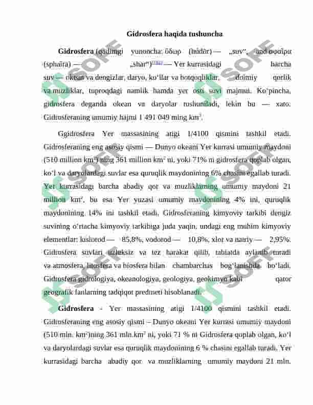 Gidrosfera. Suvdan foydalanish muammomolari 2