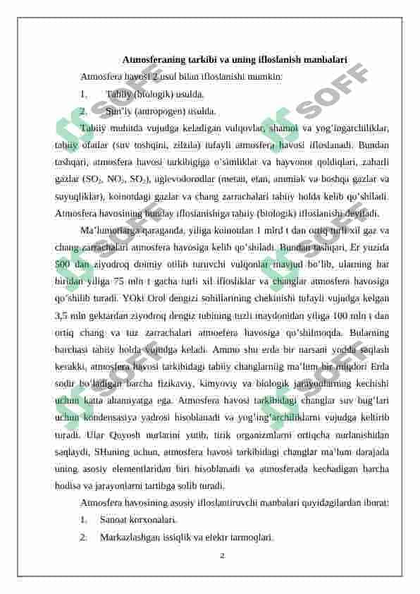ATMOSFERA HAVOSI IFLOSLANISHINING IJTIMOIY IQTISODIY OQIBATLARI, UNING OLDINI OLISH VA KAMAYTIRISH CHORA-TADBIRLARI 2