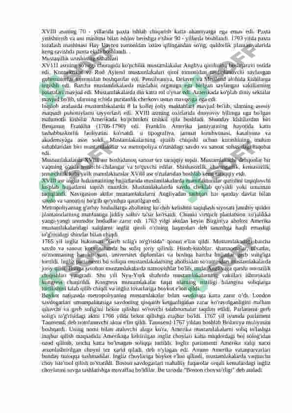 Shimoliy Amerikada mustaqillik uchun kurash. AQSH ning tashkil topishi 2