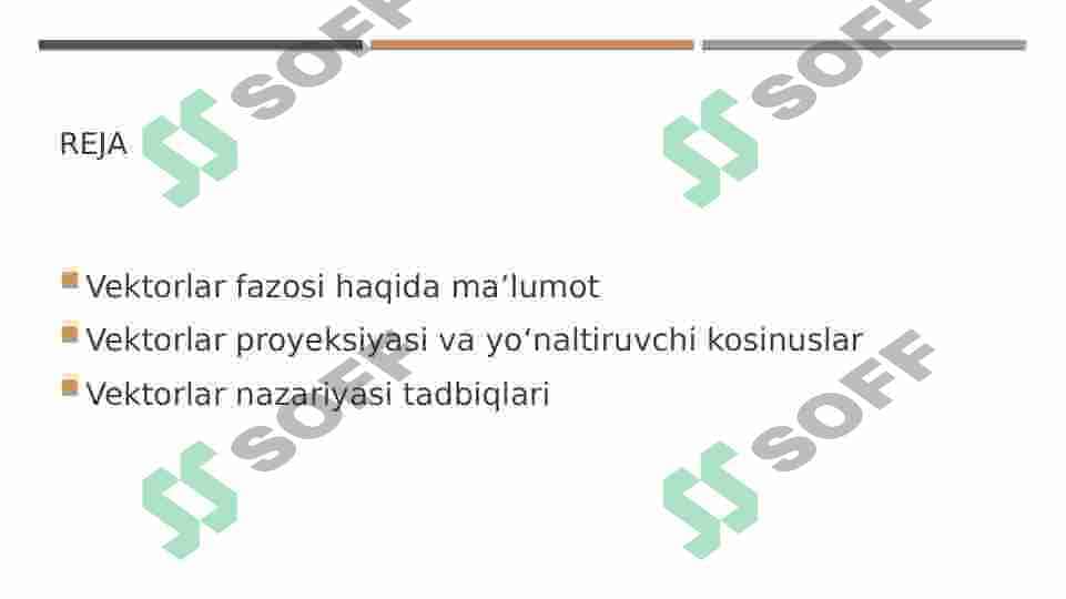 Vektorlar fazosi. Vektorning proyeksiyasi.Yoʻnaltiruvchi kosinuslar.Vektorlar nazariyasi tadbiqlari. 2