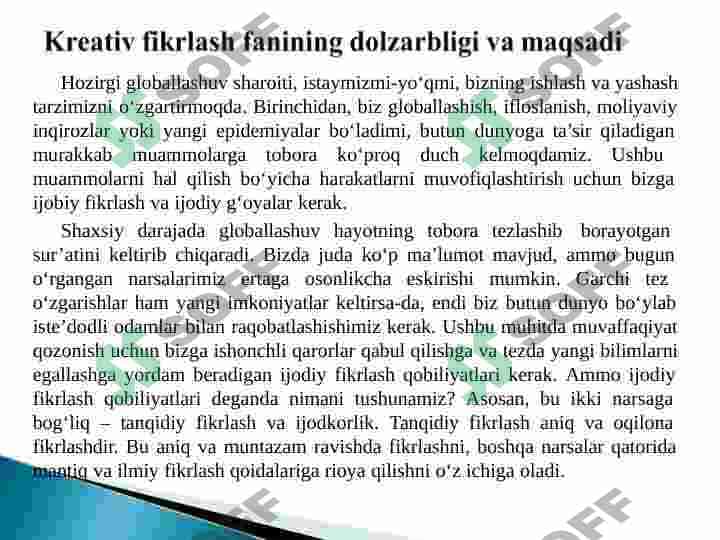 “Kreativ fikrlash” faniga kirish 2